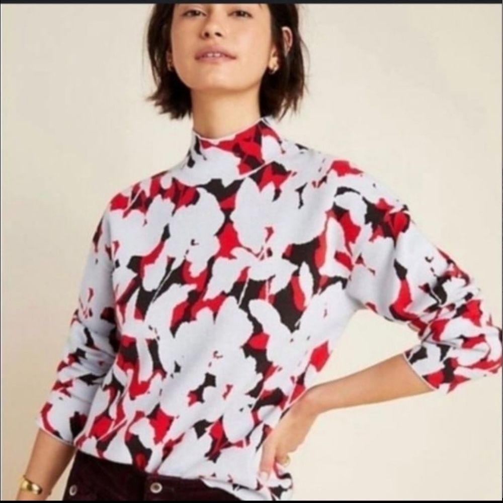 Anthropologie Lizzie Mock Neck Sweater Floral Red Sz Medium